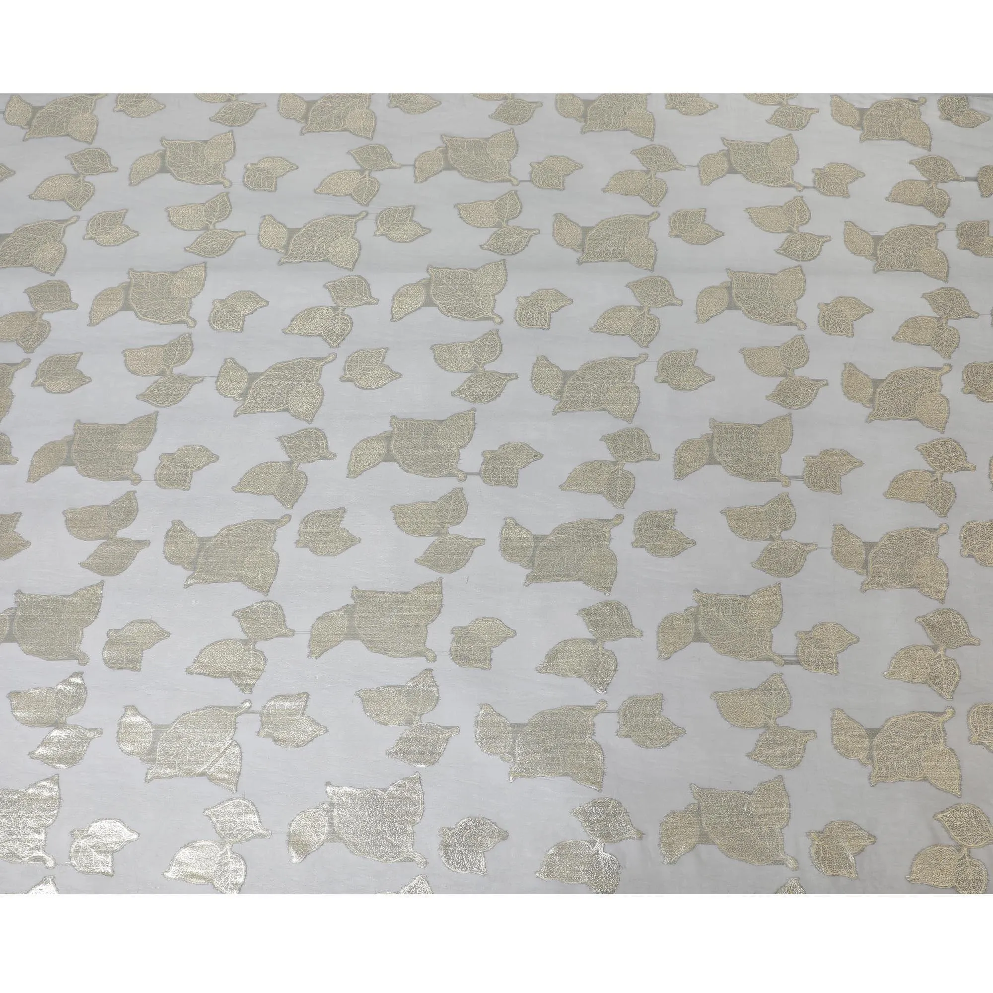 Stone grey Premium pure silk chiffon fabric with gold metallic lurex in Leaf design-D9716