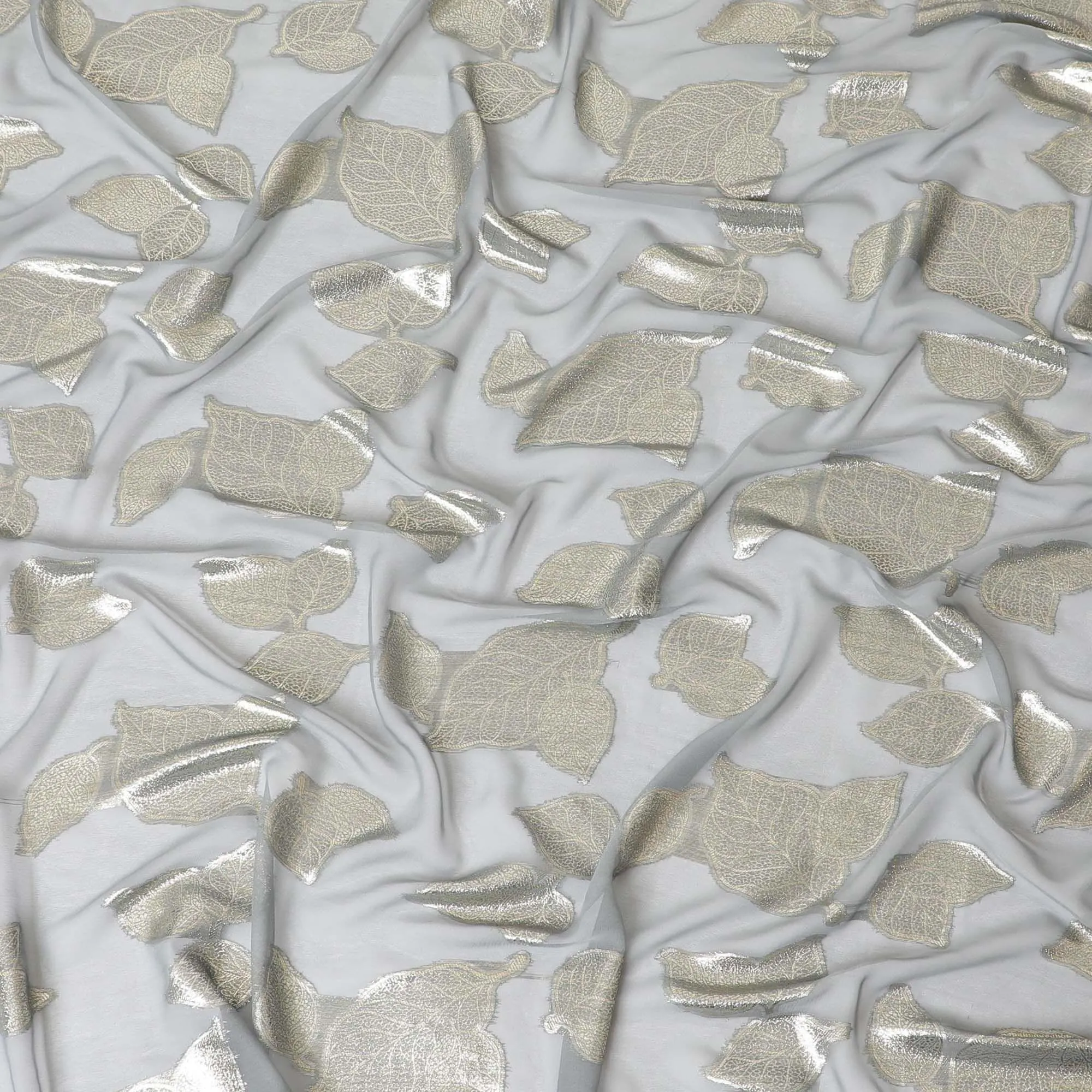 Stone grey Premium pure silk chiffon fabric with gold metallic lurex in Leaf design-D9716