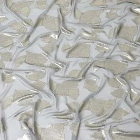Stone grey Premium pure silk chiffon fabric with gold metallic lurex in Leaf design-D9716