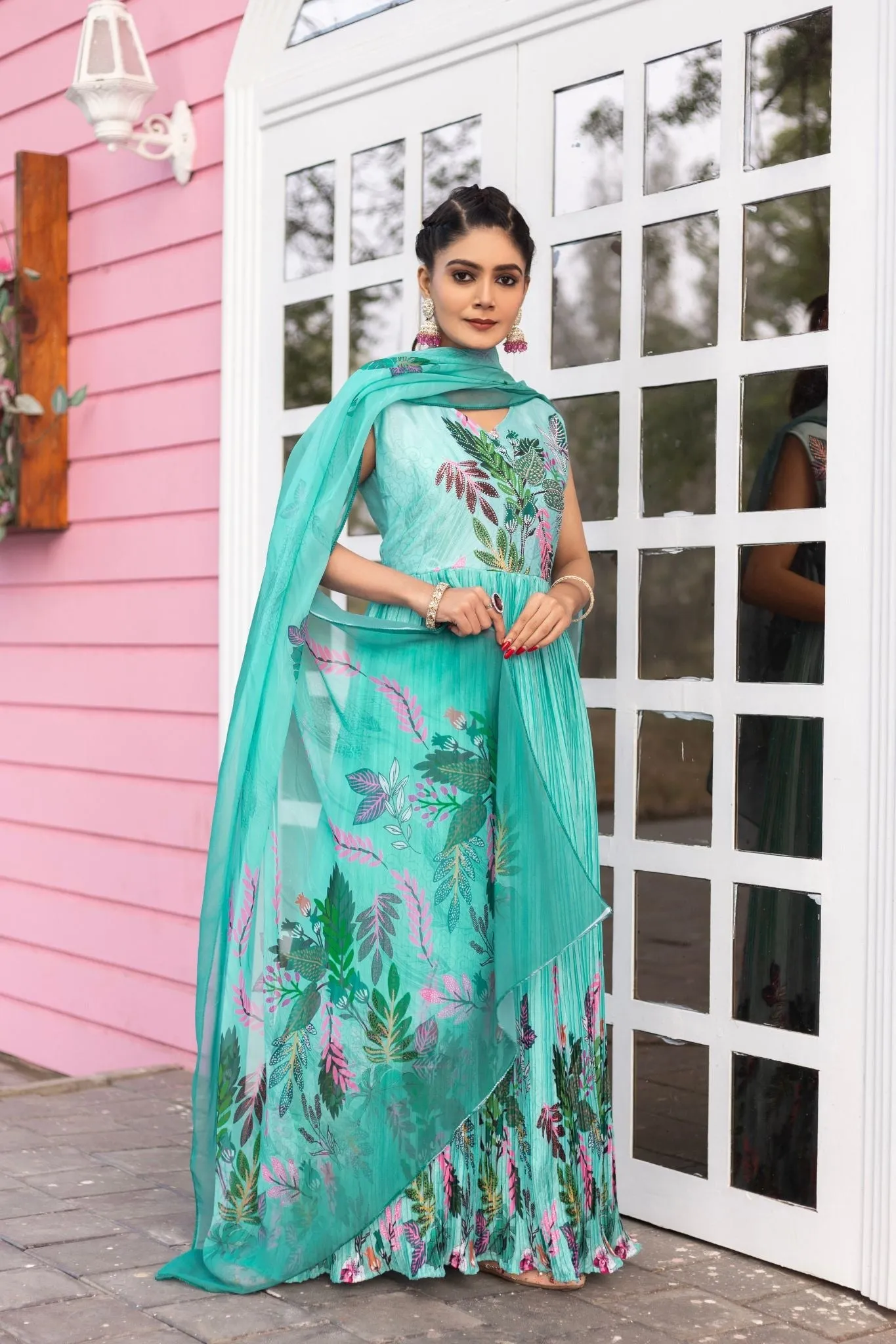 Stunning Printed Chinon Gown With Dupatta Set