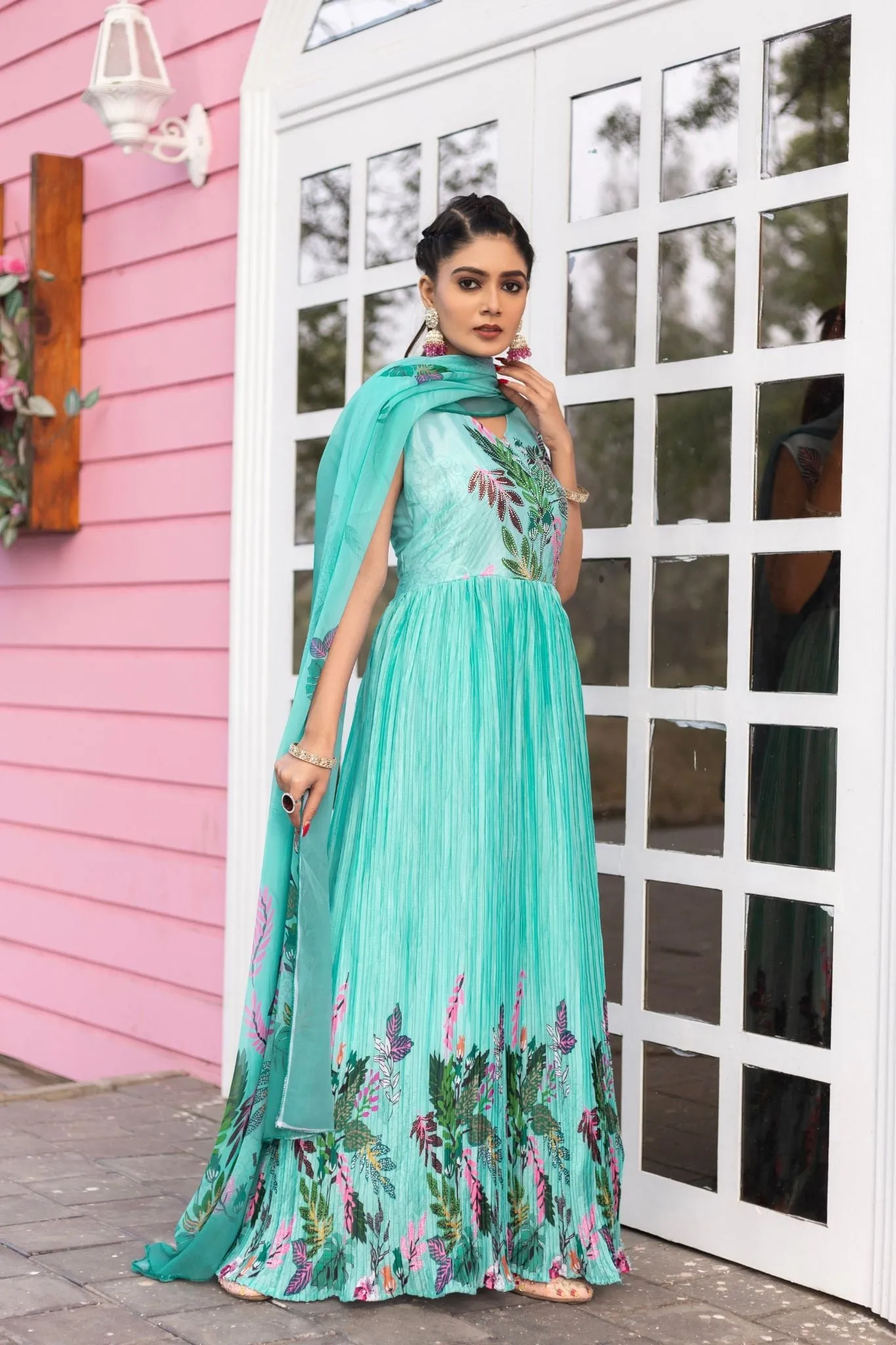 Stunning Printed Chinon Gown With Dupatta Set