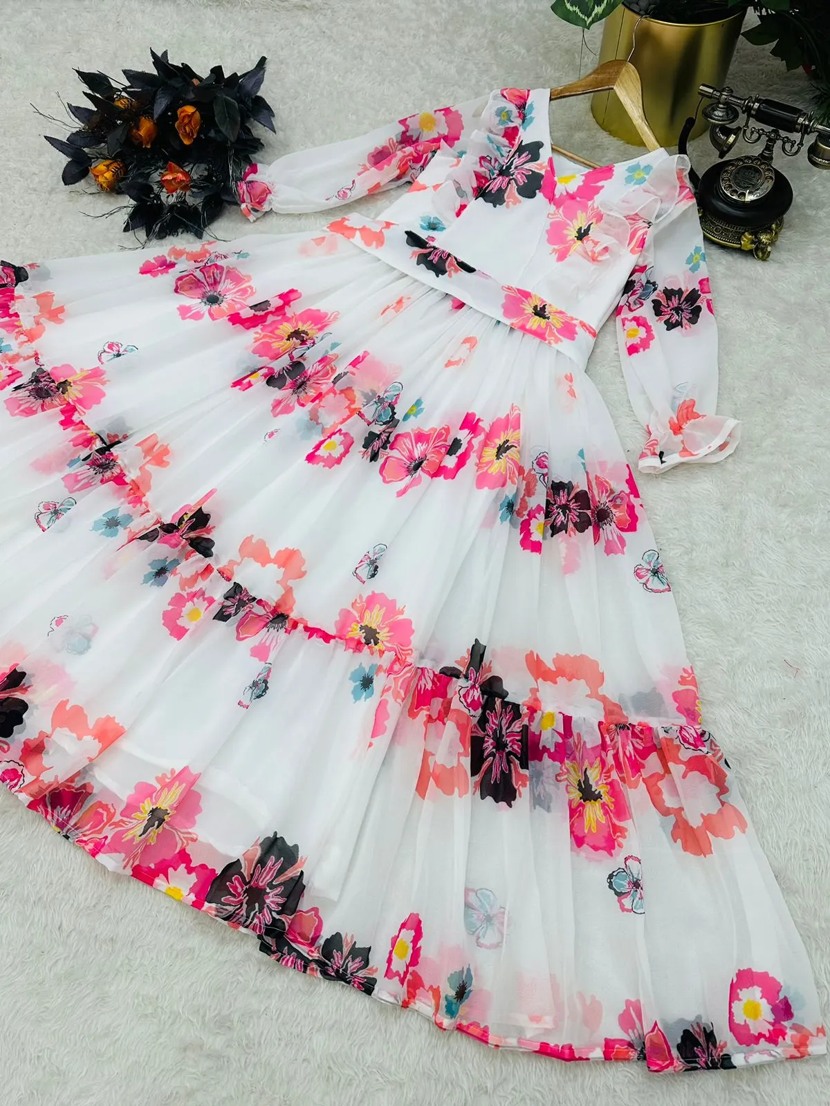 Stylish White Color Ruffle Style Gown