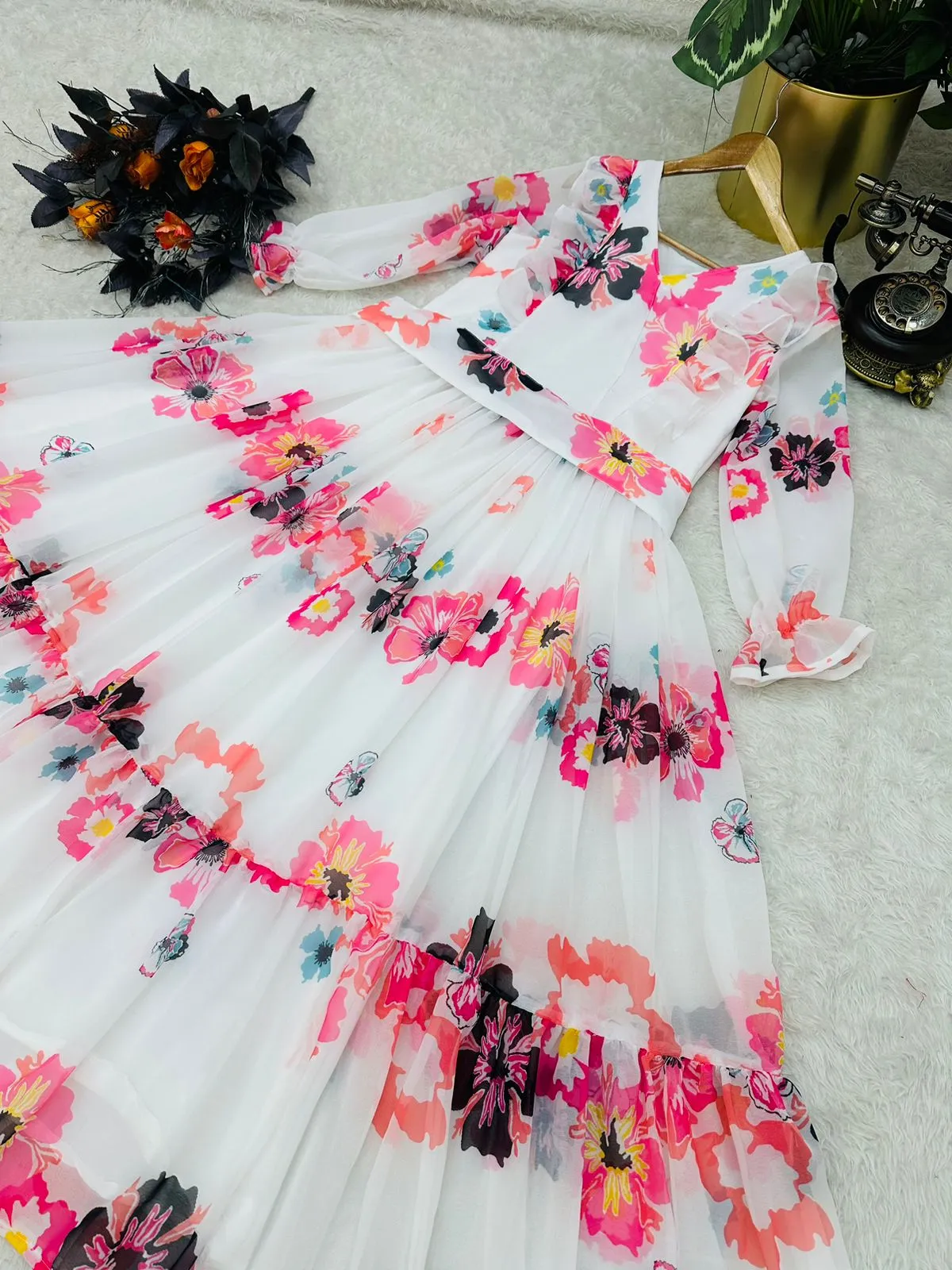 Stylish White Color Ruffle Style Gown