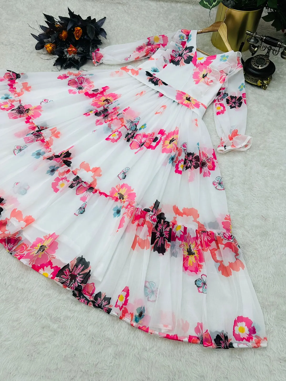 Stylish White Color Ruffle Style Gown