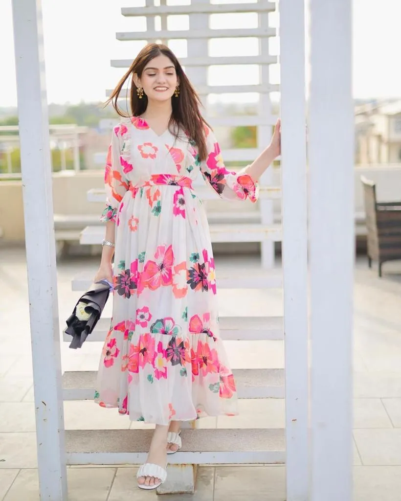Stylish White Color Ruffle Style Gown