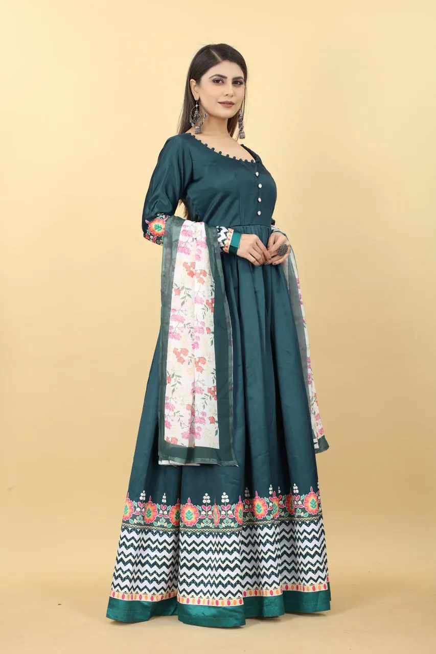 Teal Blue Color Printed Malai Silk Gown