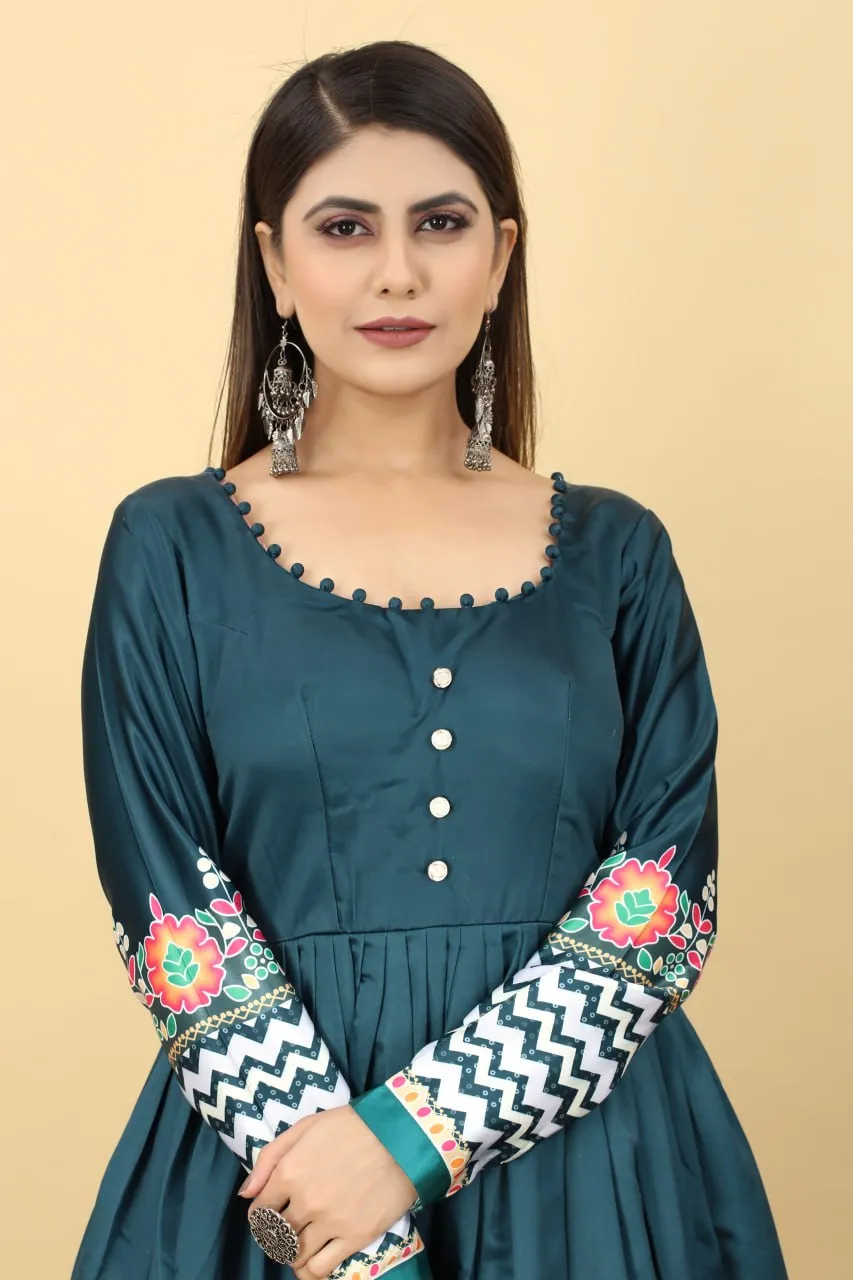 Teal Blue Color Printed Malai Silk Gown