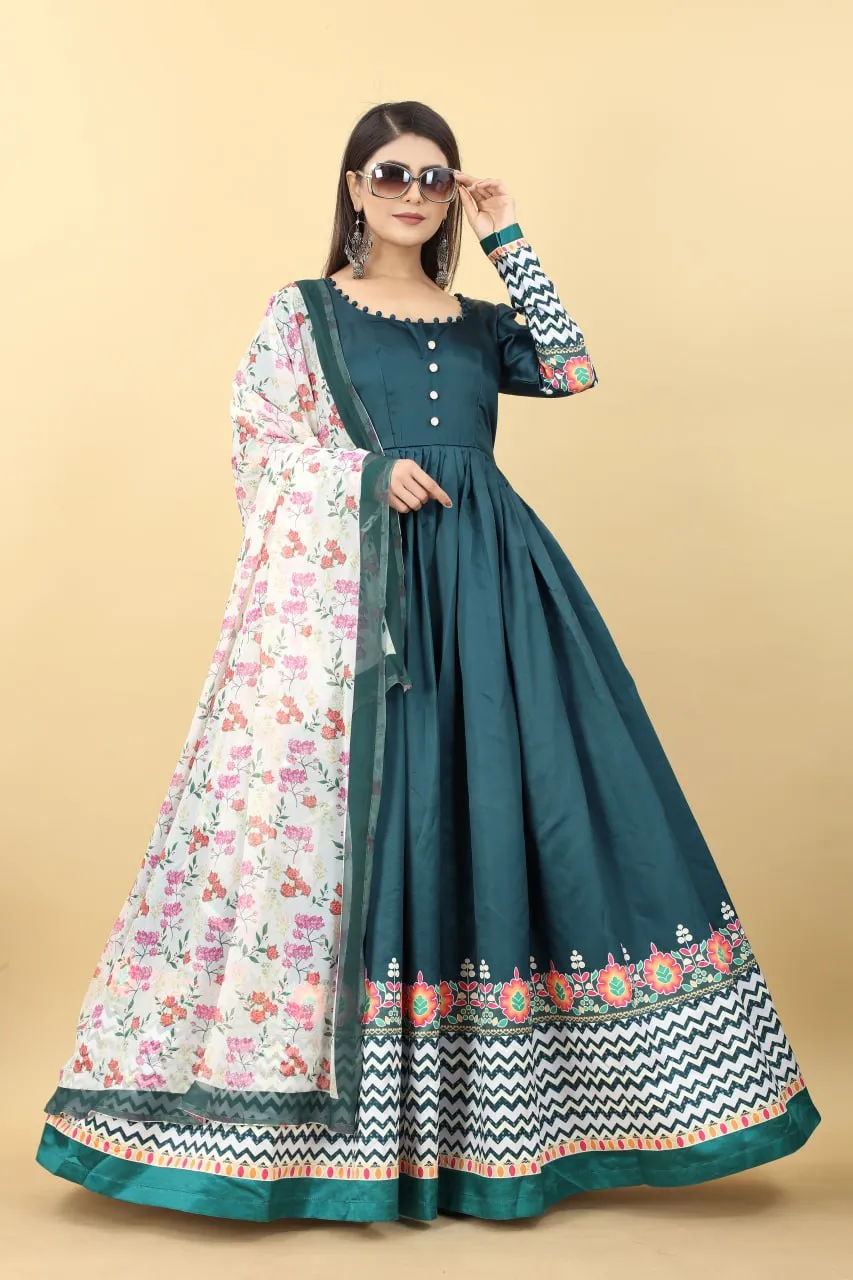Teal Blue Color Printed Malai Silk Gown