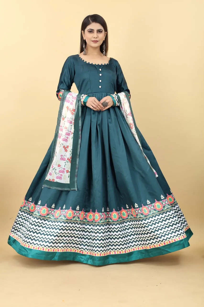 Teal Blue Color Printed Malai Silk Gown
