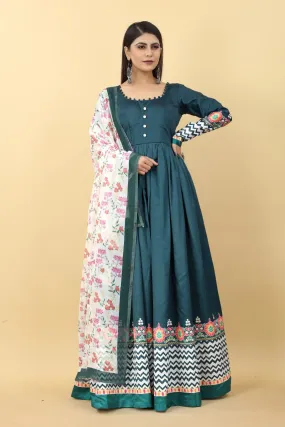 Teal Blue Color Printed Malai Silk Gown
