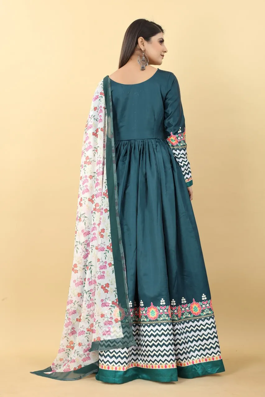 Teal Blue Color Printed Malai Silk Gown