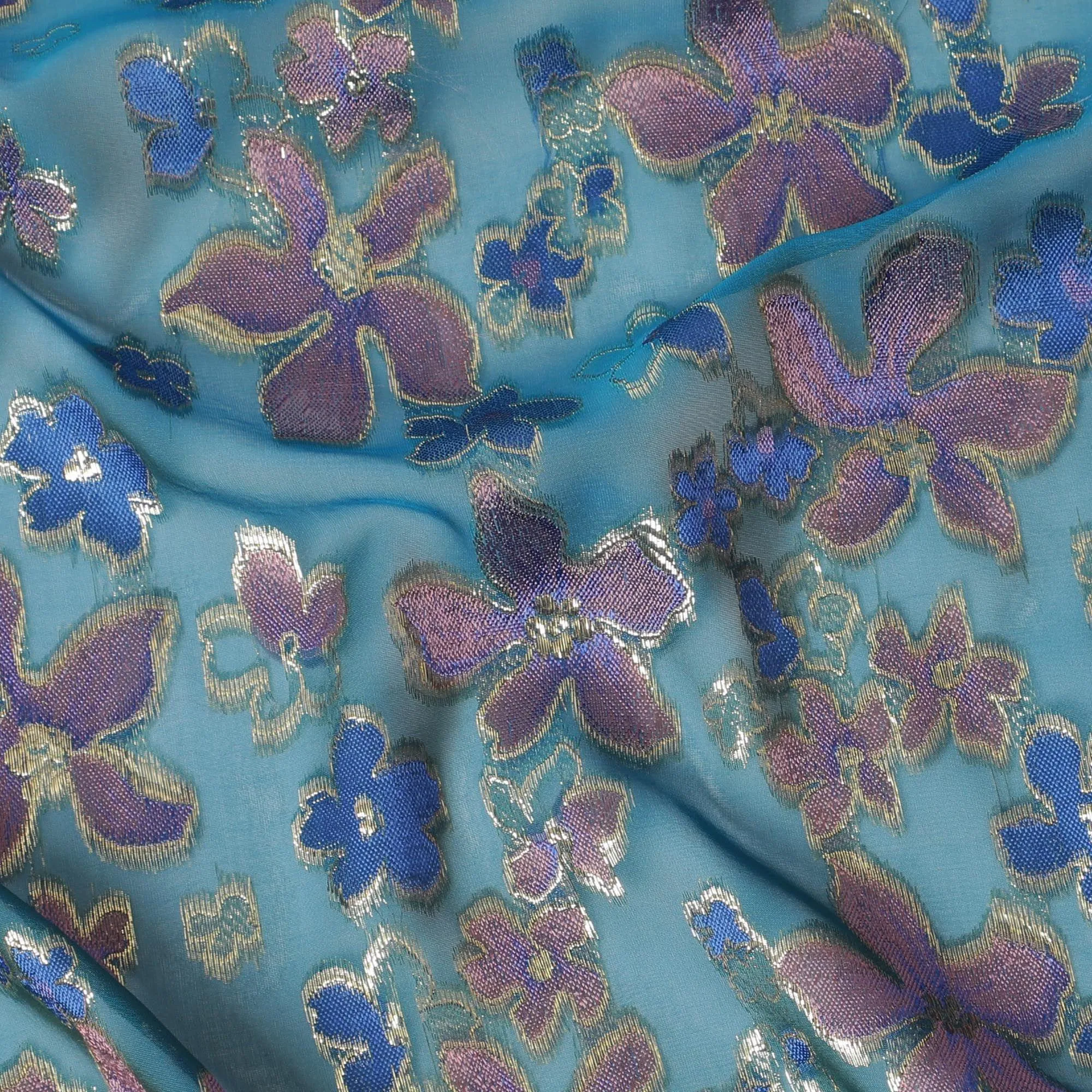 Teal blue Premium pure changent silk chiffon fabric with brick pink, royal blue viscose having gold metallic lurex in floral design-D14650