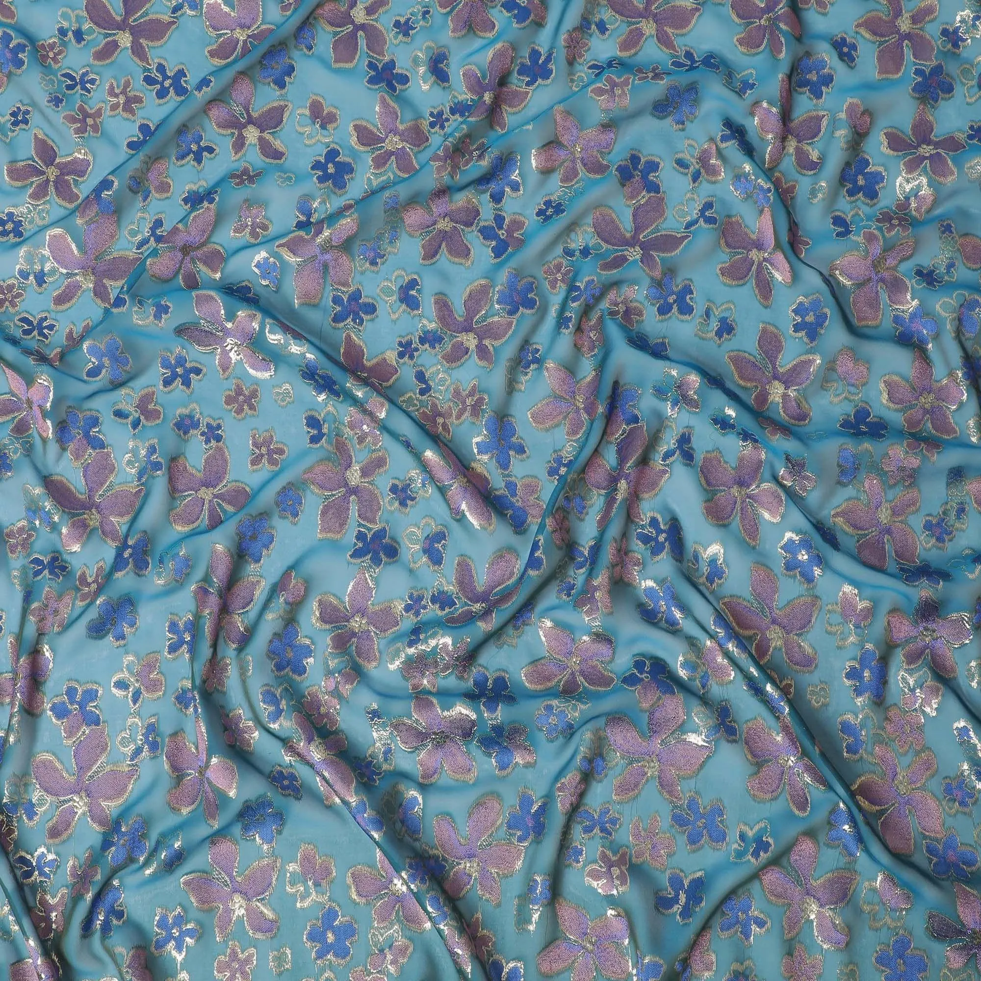 Teal blue Premium pure changent silk chiffon fabric with brick pink, royal blue viscose having gold metallic lurex in floral design-D14650