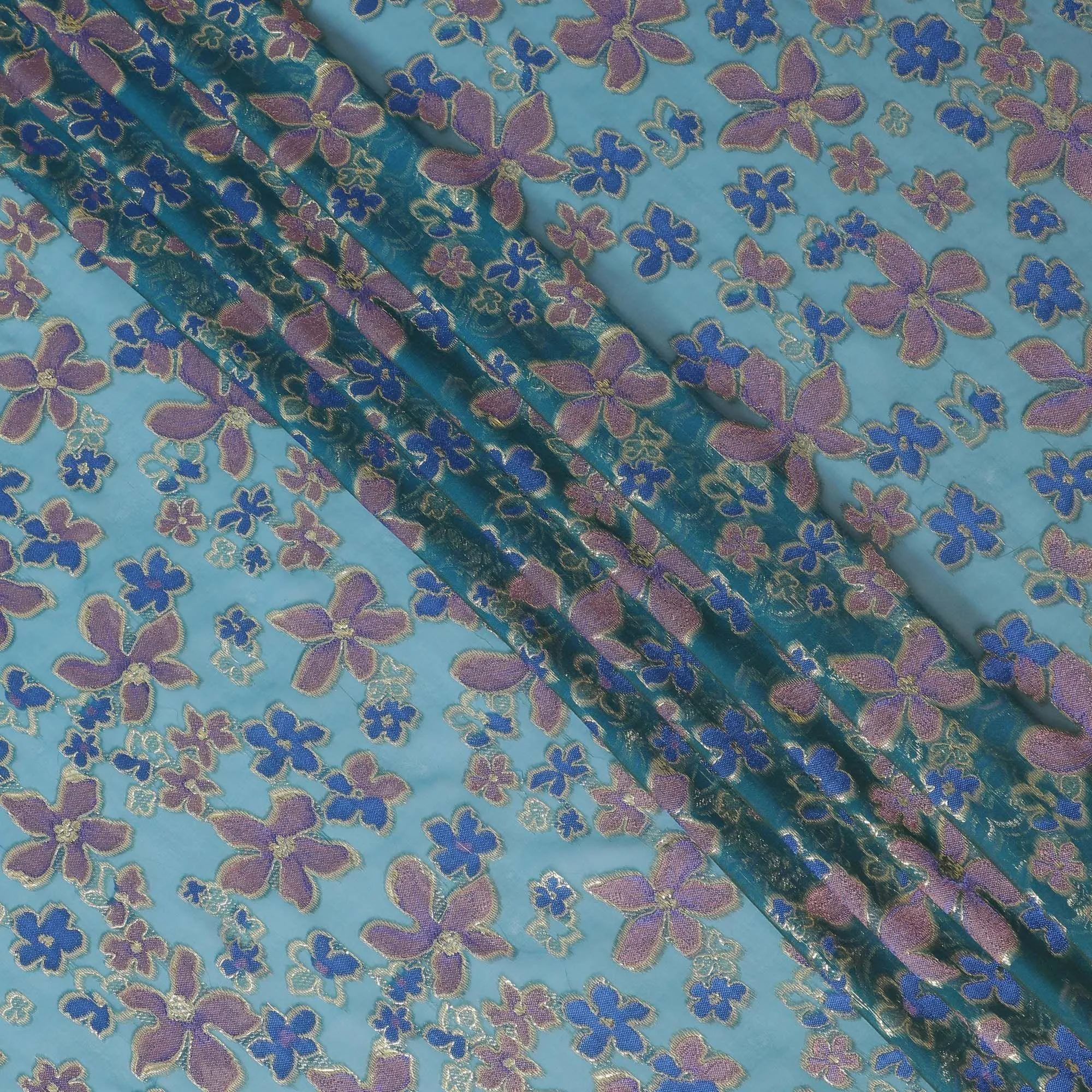 Teal blue Premium pure changent silk chiffon fabric with brick pink, royal blue viscose having gold metallic lurex in floral design-D14650