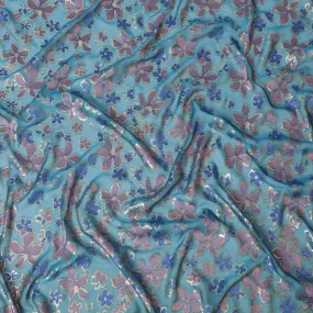 Teal blue Premium pure changent silk chiffon fabric with brick pink, royal blue viscose having gold metallic lurex in floral design-D14650