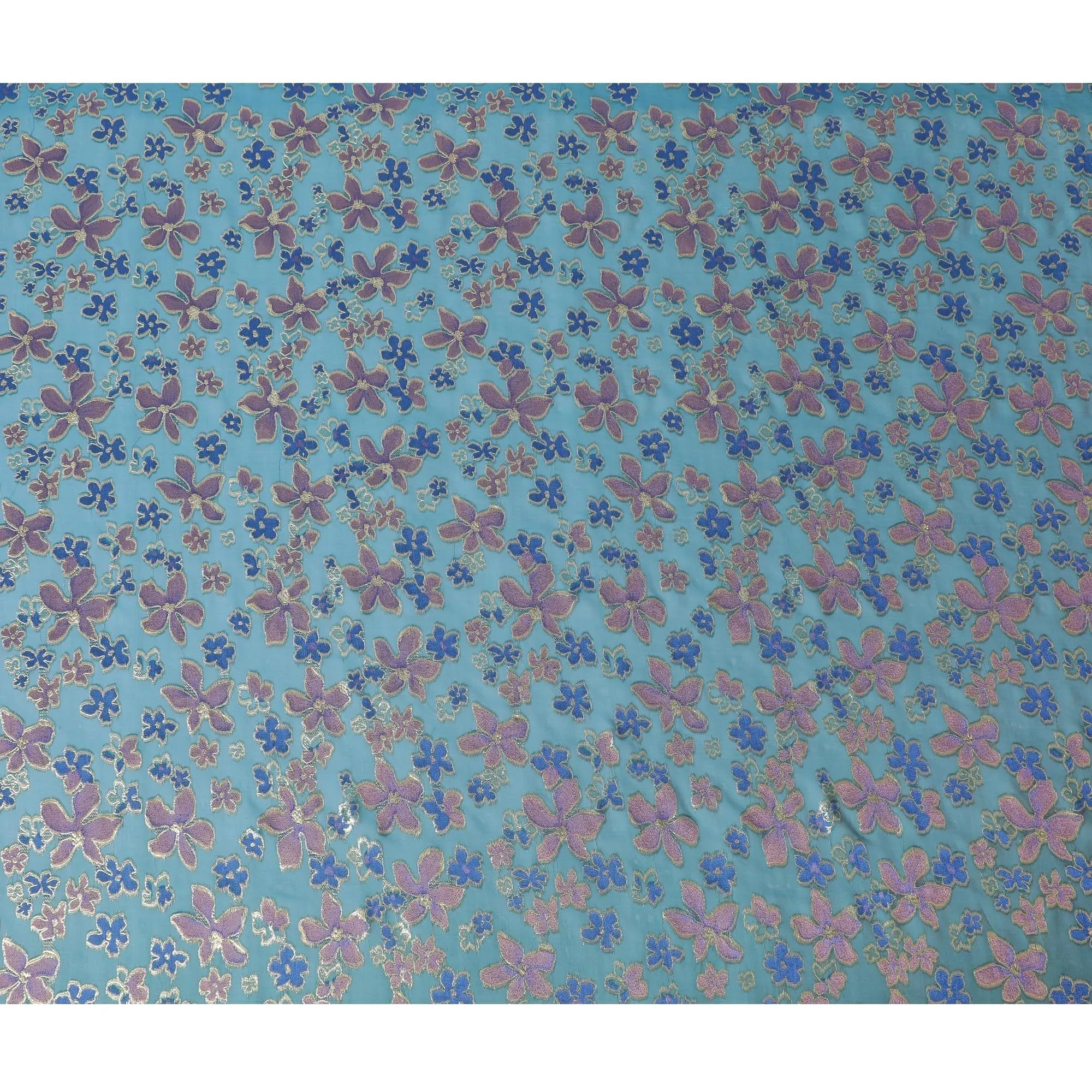 Teal blue Premium pure changent silk chiffon fabric with brick pink, royal blue viscose having gold metallic lurex in floral design-D14650