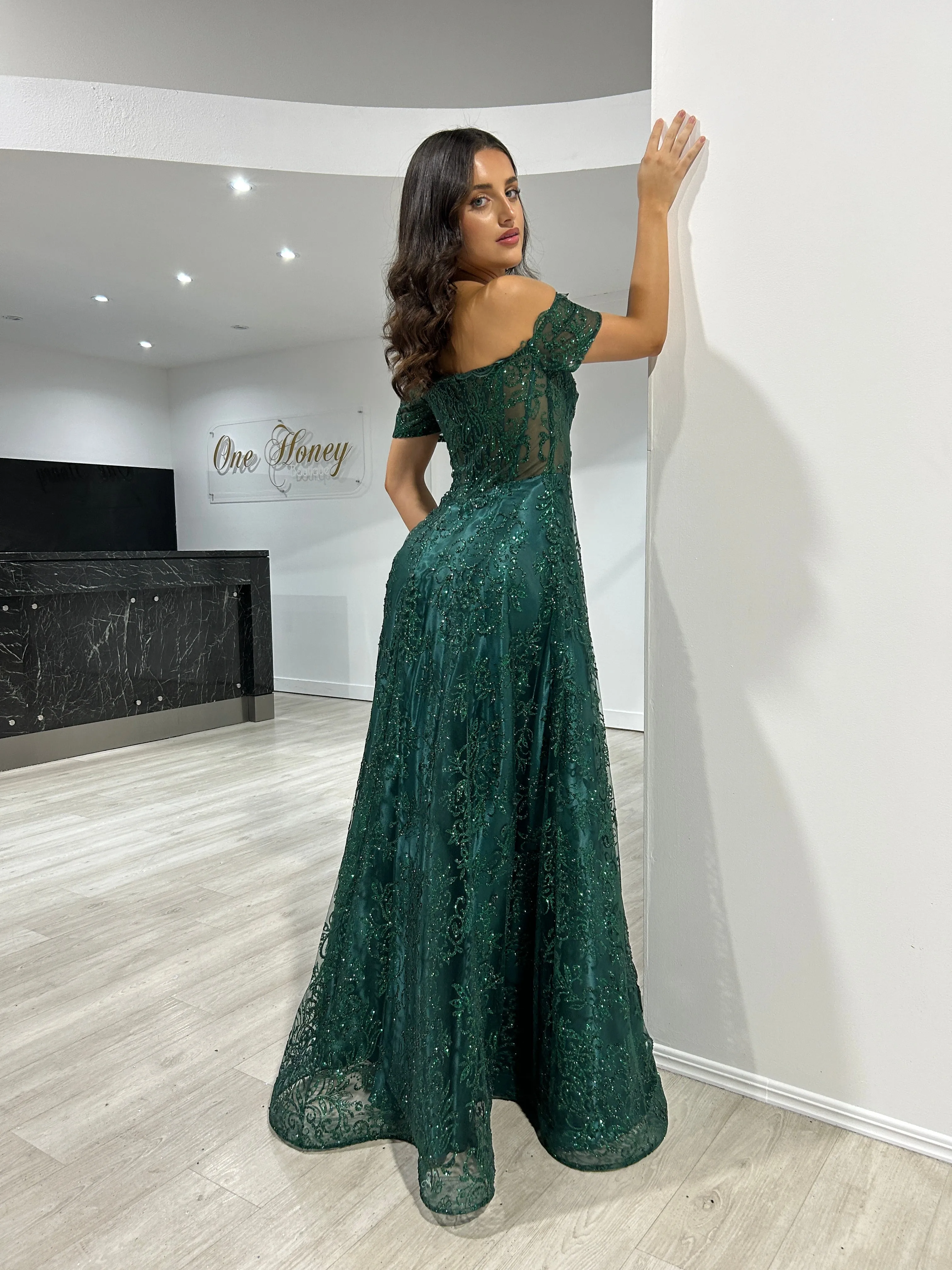 THEA Off The Shoulder Glitter Ball Gown Formal Dress