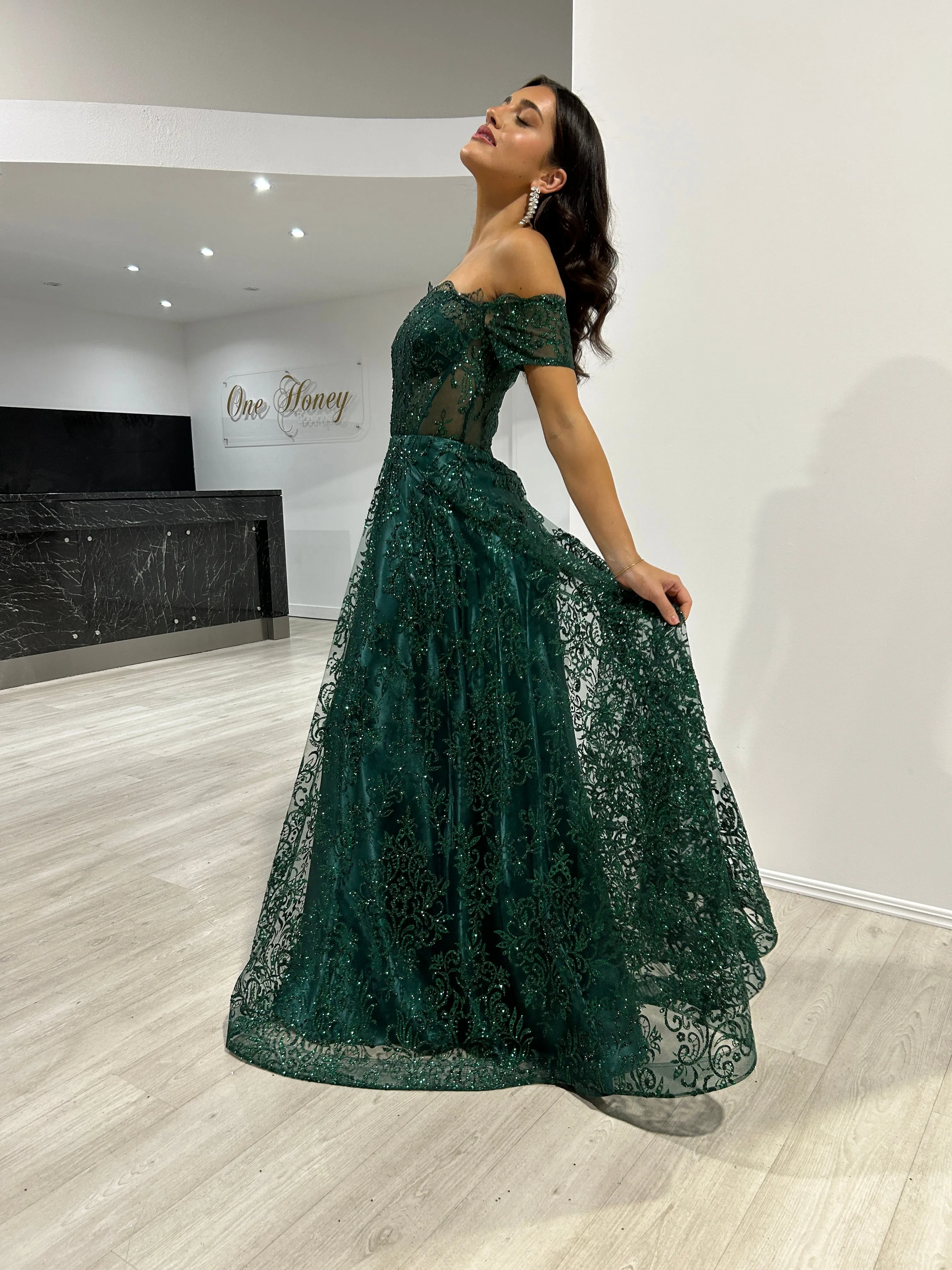 THEA Off The Shoulder Glitter Ball Gown Formal Dress