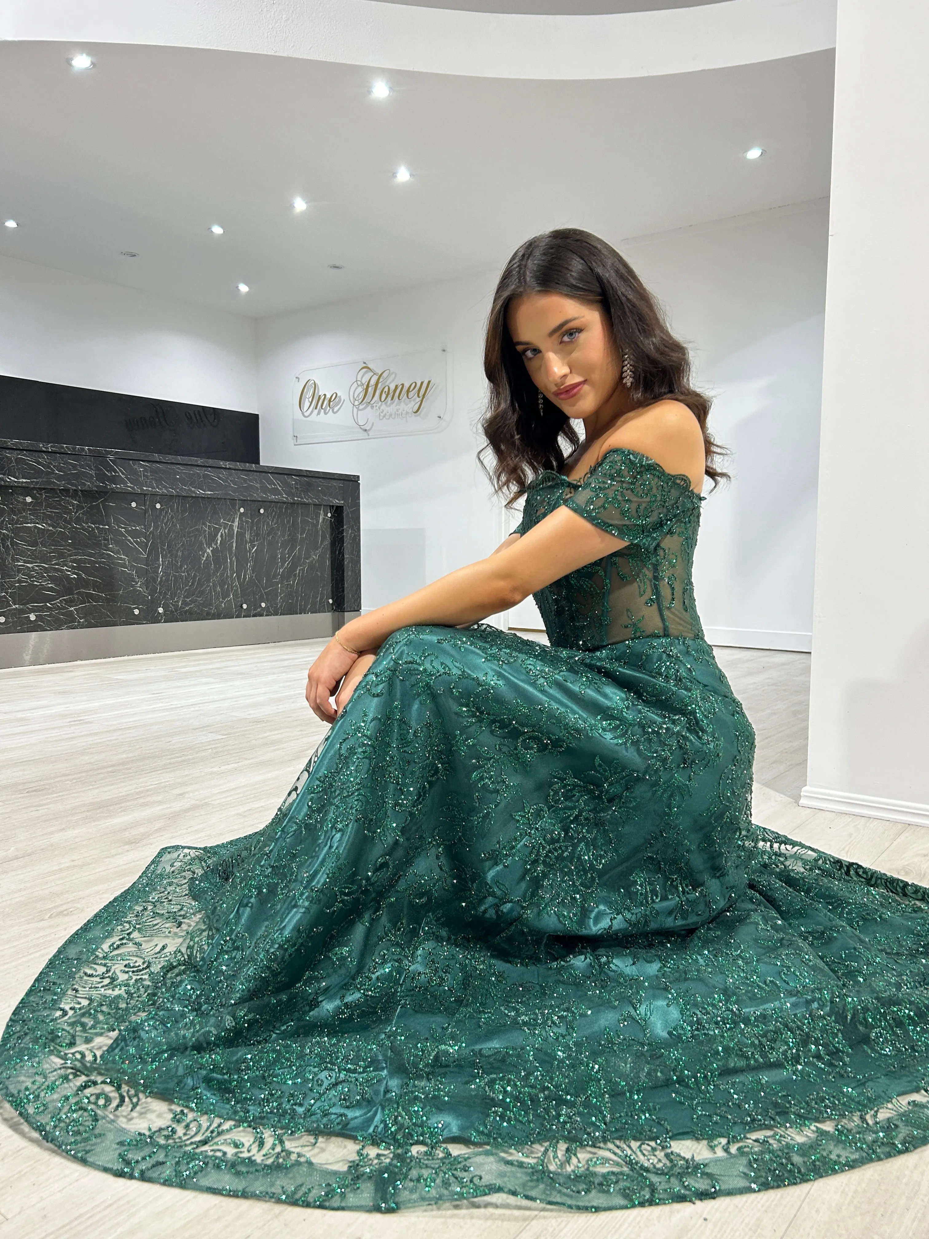THEA Off The Shoulder Glitter Ball Gown Formal Dress