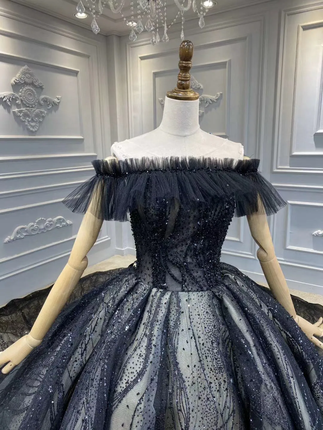Two styles black glitter sparkling ball gown gothic wedding dress 2020