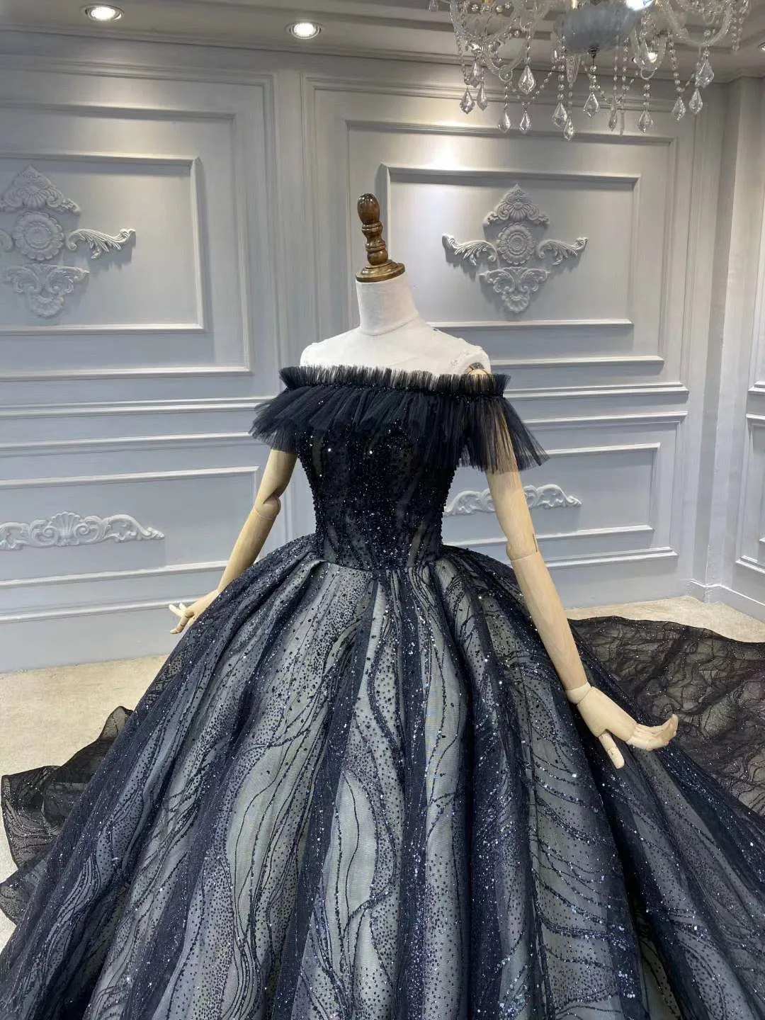 Two styles black glitter sparkling ball gown gothic wedding dress 2020