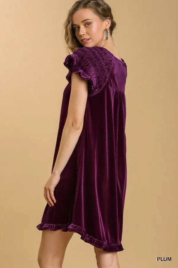 Umgee Velvet Short Ruffle Sleeves Round Neck Dress
