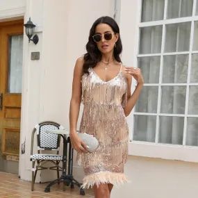 V-Neck Tassel Feather Suspender Sequin Short Evening Dress