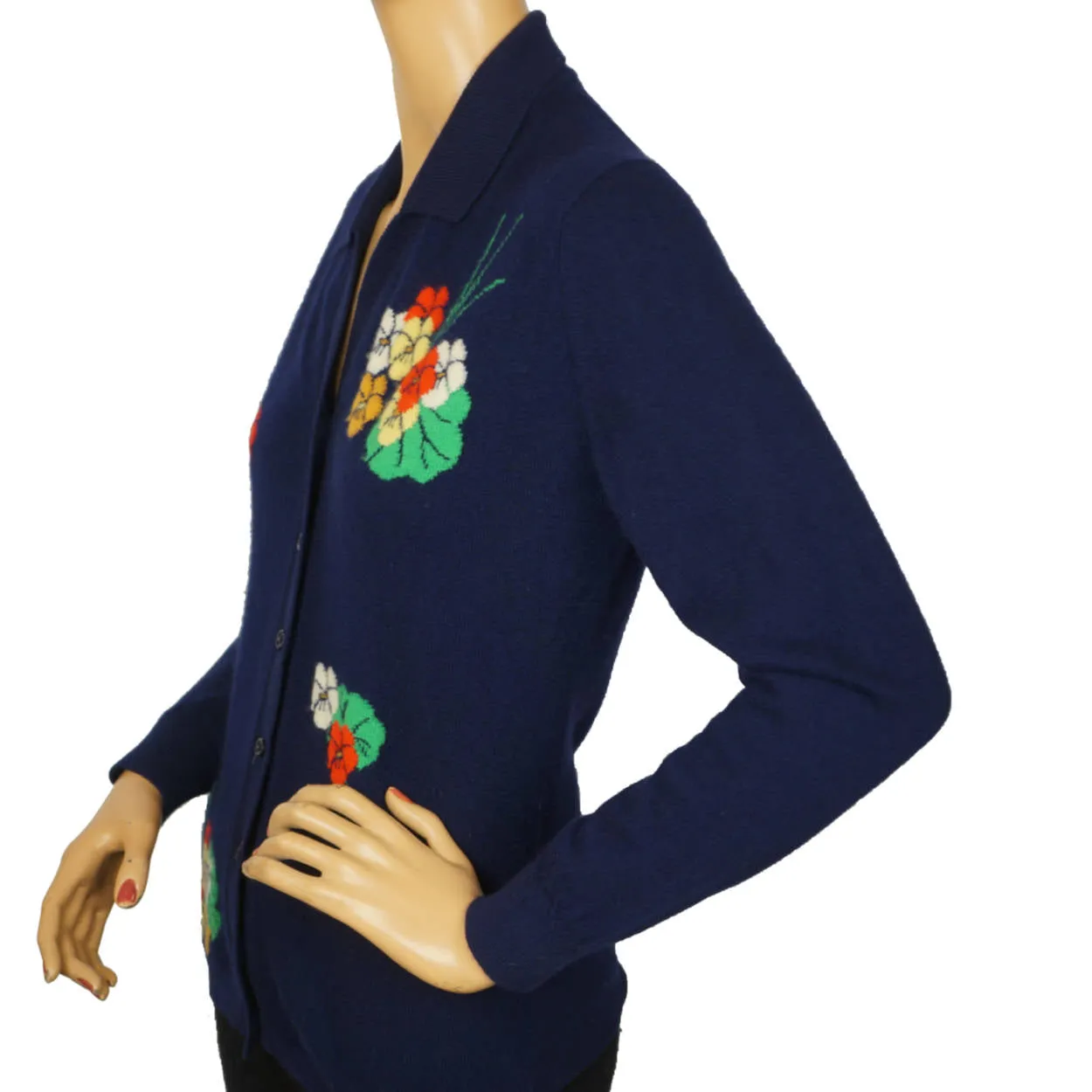 Vintage 1960s Scottish Cashmere Sweater with Pansy Flower Intarsia Pattern M