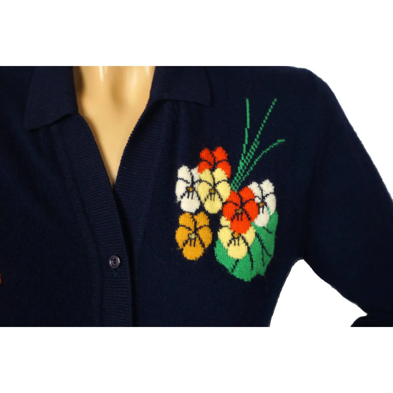 Vintage 1960s Scottish Cashmere Sweater with Pansy Flower Intarsia Pattern M