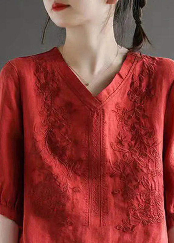 Vintage Red V Neck Embroideried Top Half Sleeve
