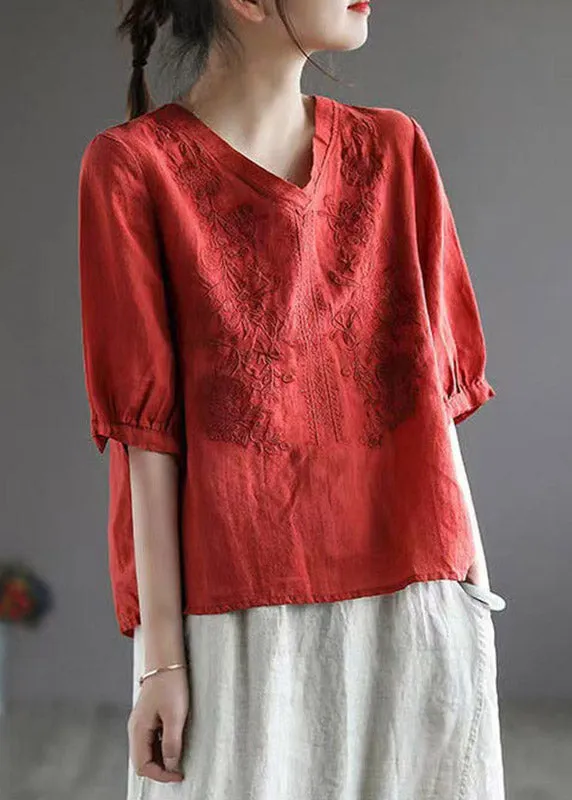 Vintage Red V Neck Embroideried Top Half Sleeve