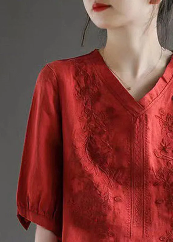 Vintage Red V Neck Embroideried Top Half Sleeve