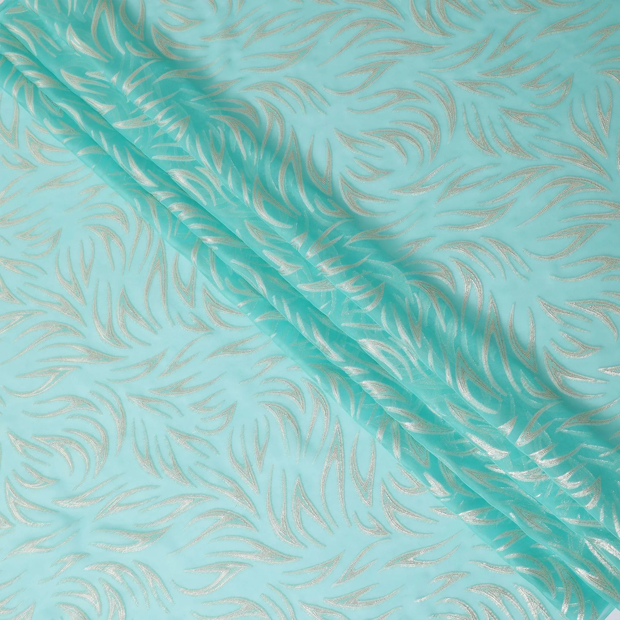 Vista blue premium pure silk chiffon fabric with gold metallic lurex in abstract design-D14156
