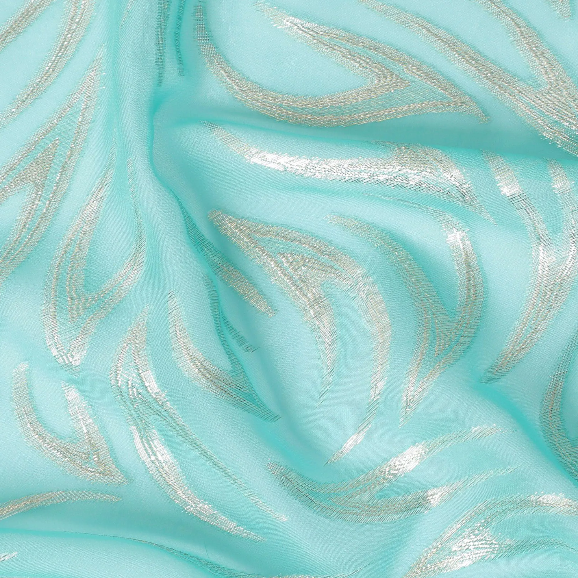 Vista blue premium pure silk chiffon fabric with gold metallic lurex in abstract design-D14156