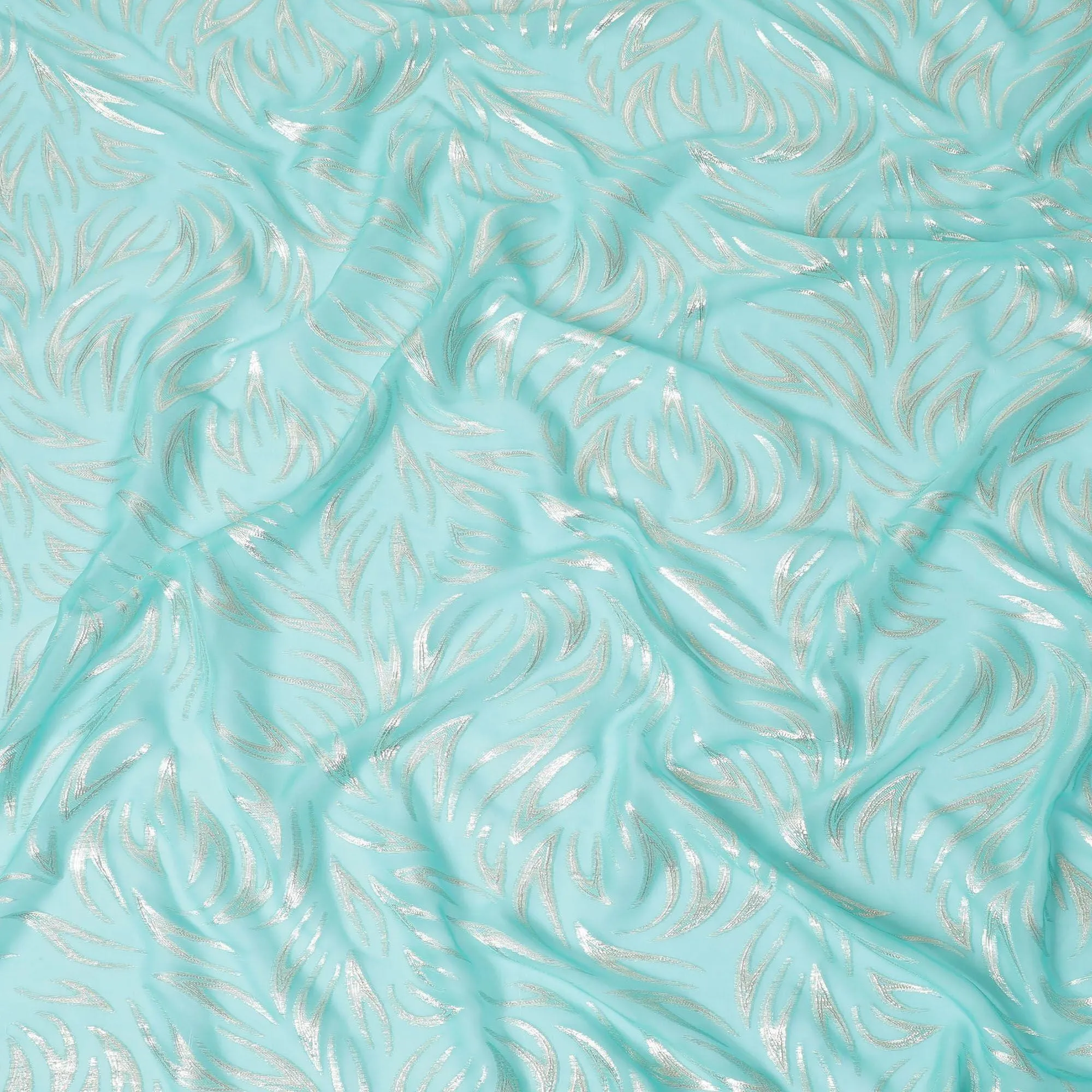 Vista blue premium pure silk chiffon fabric with gold metallic lurex in abstract design-D14156