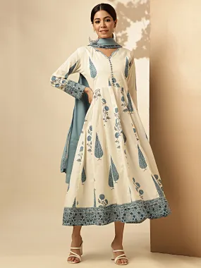 White And Sky Floral Print With Thread Work Anarkali Cotton Stitched Gown With Dupatta