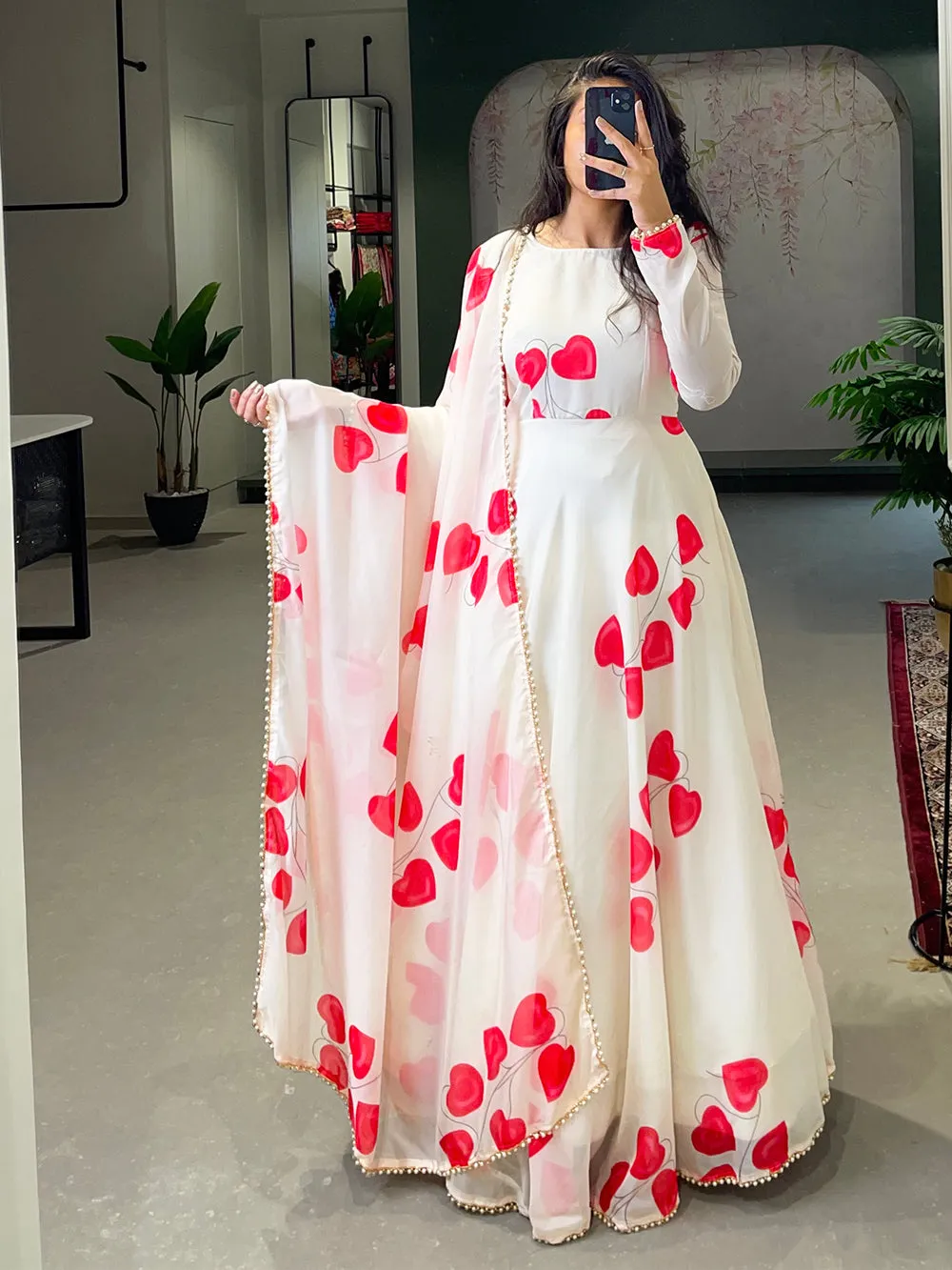 White Color Digital Printed Tabby Silk Gown