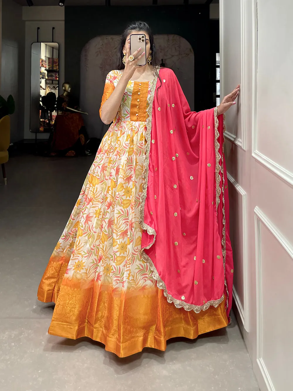 White Color Printed With Weaving Work Patta Soft Chanderi  Dress