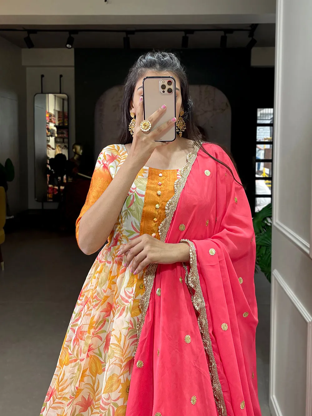 White Color Printed With Weaving Work Patta Soft Chanderi  Dress