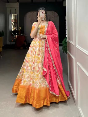 White Color Printed With Weaving Work Patta Soft Chanderi  Dress