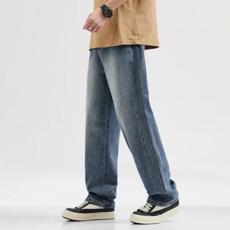 Wide Leg Jeans Men Baggy Pants Summer Straight Cut Loose Fit Blue Male Denim Pants Streetwear Men's Clothes Fashion Size Striped