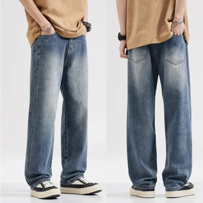 Wide Leg Jeans Men Baggy Pants Summer Straight Cut Loose Fit Blue Male Denim Pants Streetwear Men's Clothes Fashion Size Striped