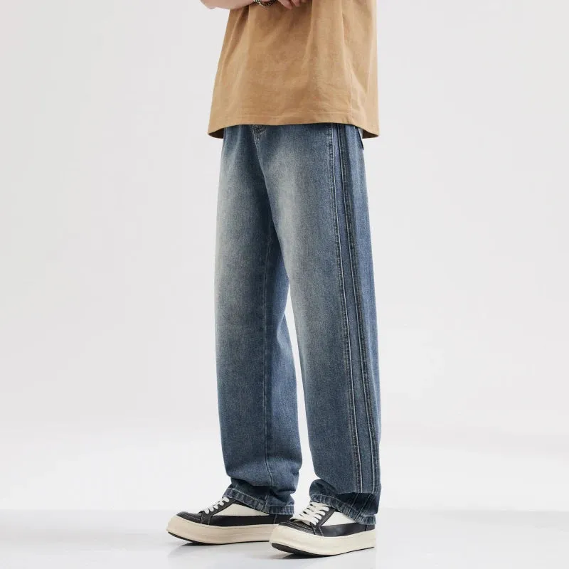 Wide Leg Jeans Men Baggy Pants Summer Straight Cut Loose Fit Blue Male Denim Pants Streetwear Men's Clothes Fashion Size Striped