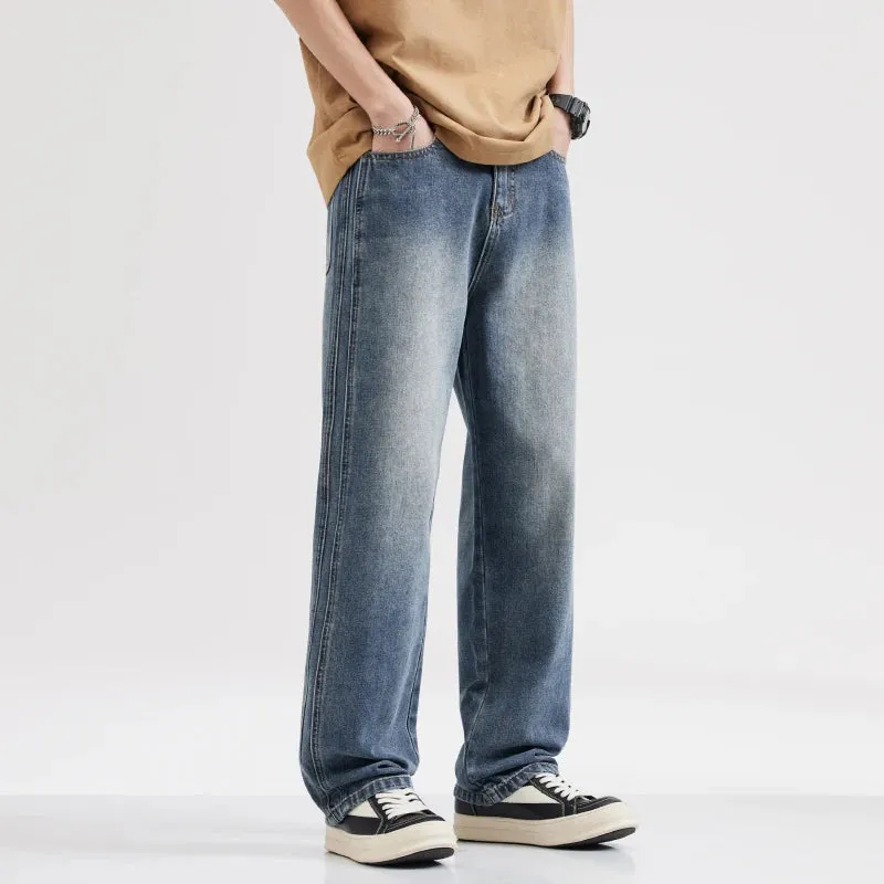 Wide Leg Jeans Men Baggy Pants Summer Straight Cut Loose Fit Blue Male Denim Pants Streetwear Men's Clothes Fashion Size Striped
