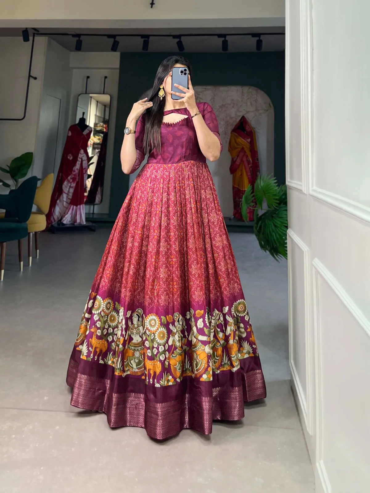 Wine Tussar Silk Printed Gown with Woven Border