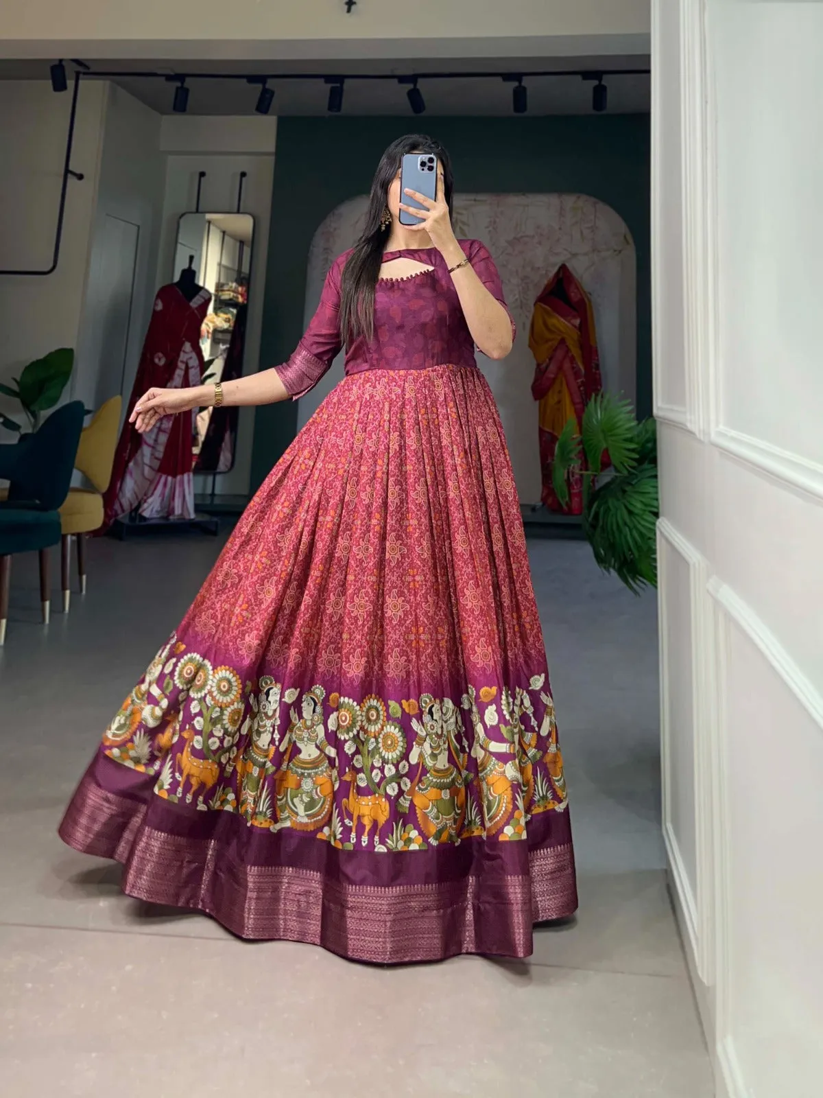 Wine Tussar Silk Printed Gown with Woven Border