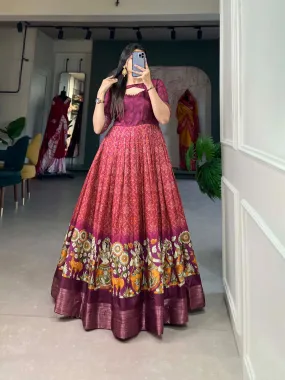 Wine Tussar Silk Printed Gown with Woven Border