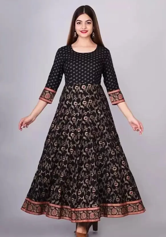 Women Printed Viscose Rayon Anarkali Kurta  (Black)