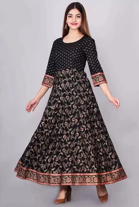 Women Printed Viscose Rayon Anarkali Kurta  (Black)