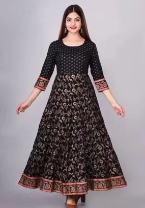 Women Printed Viscose Rayon Anarkali Kurta  (Black)